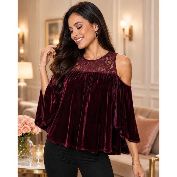 Miss Me Tops - ✨2/$20 NWT Miss Me Cold Shoulder Crushed Velvet Lace Blouse Small Dark Romantic